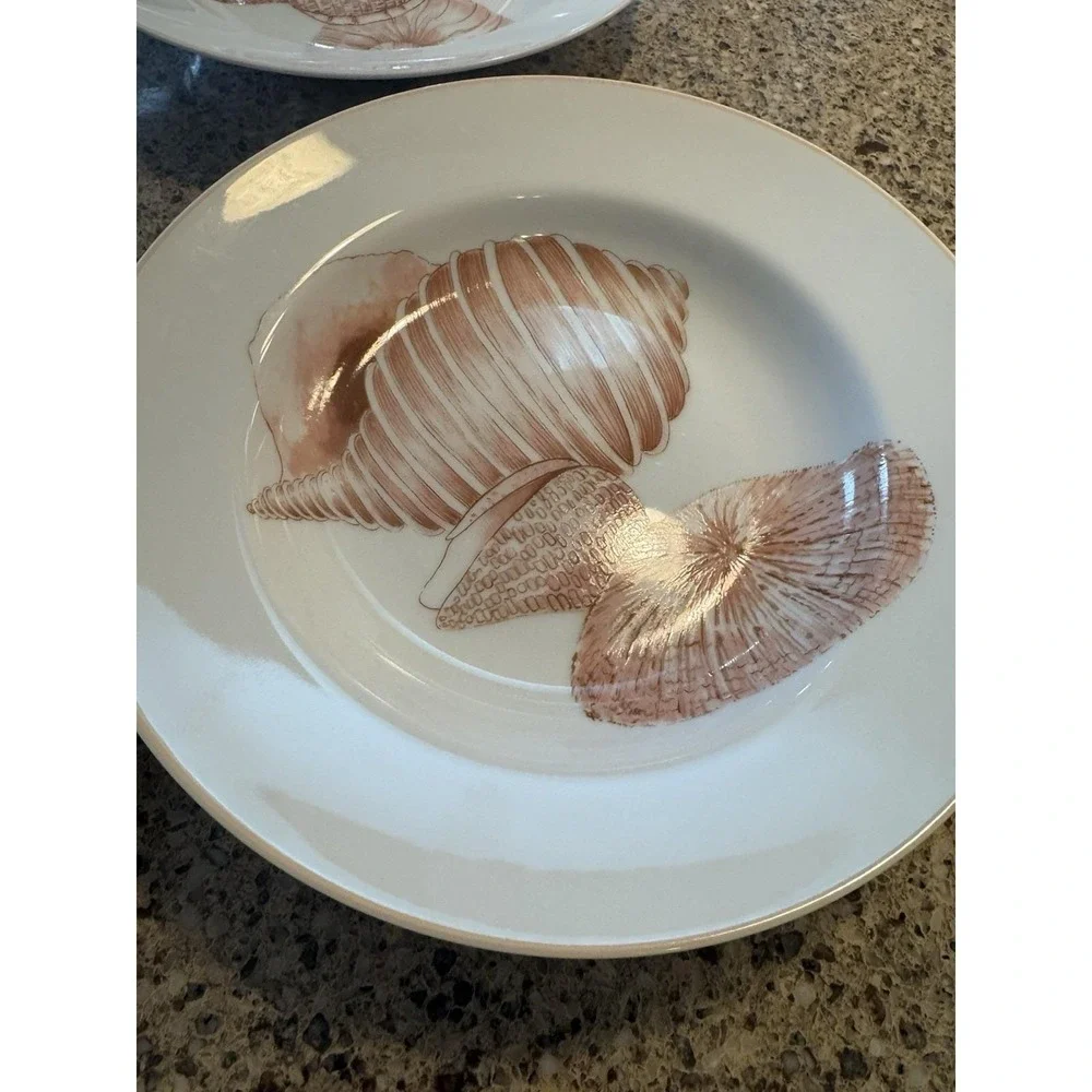 Set Of 4 - VTG  Fitz & Floyd Coquille Lg Rim Soup Bowls Peach Shells Coastal EUC